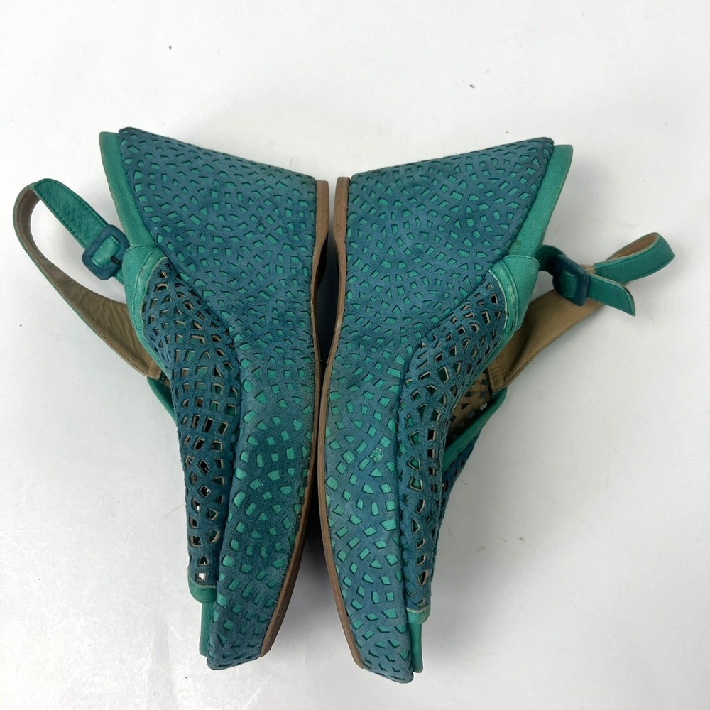 Audley London Teal Green Suede Laser Cut Wedge Sandals 9 Peep Toe Slingback Boho - Picture 5 of 12